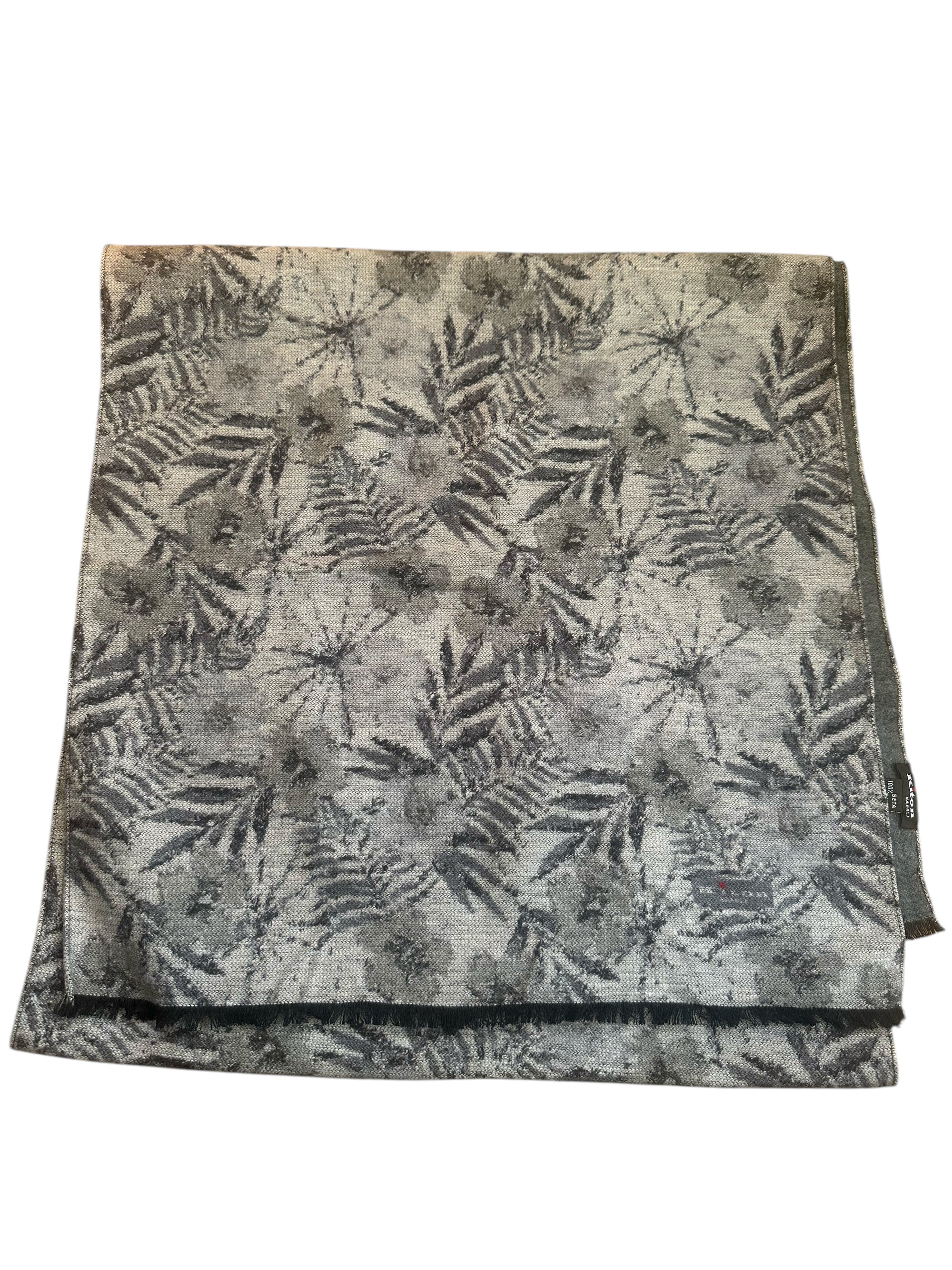 Kiton Schal Seide mit Fransen 42x 170 cm florales Muster grau