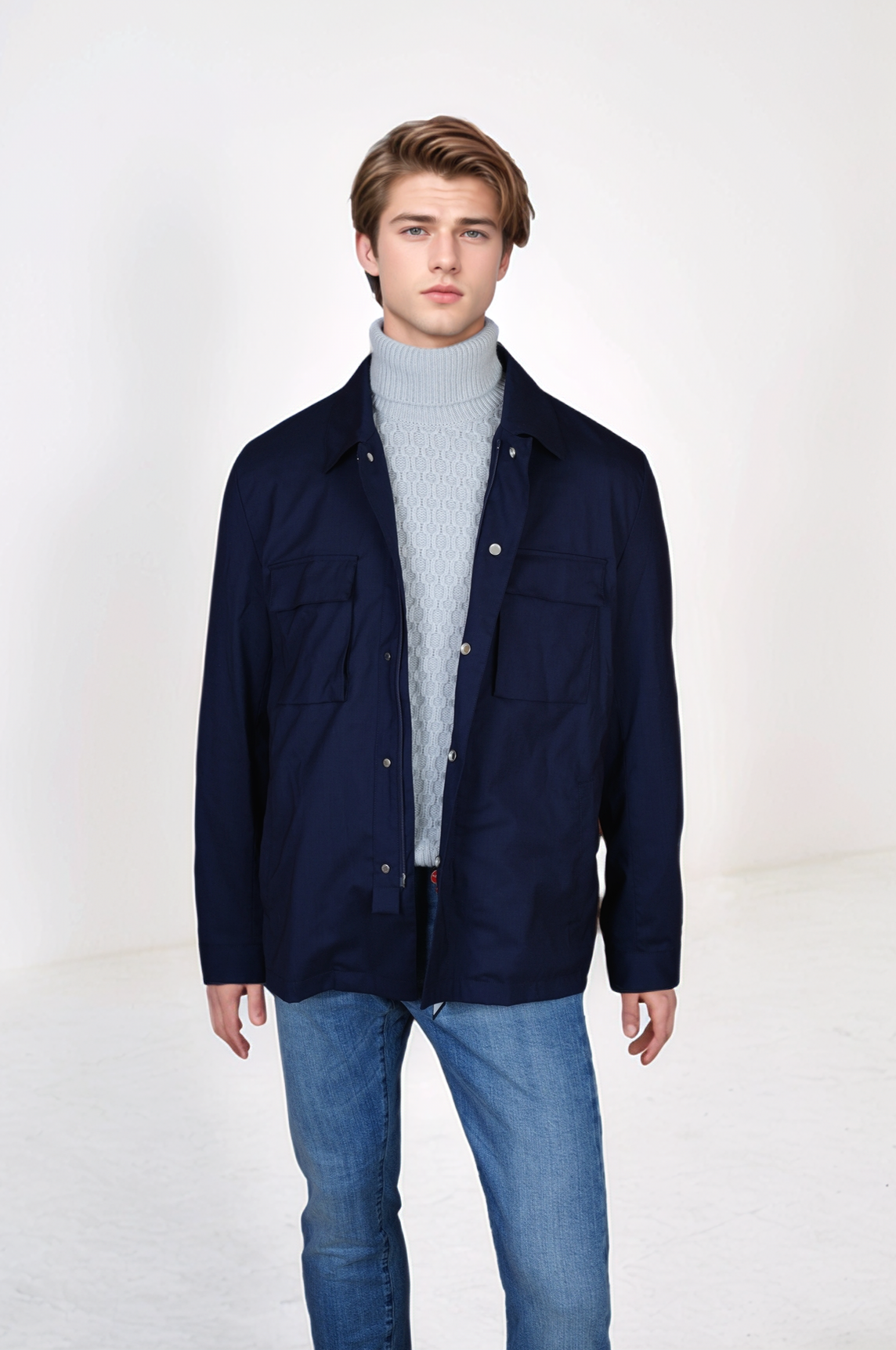Kiton shirt jacket jacket men wool blue with press studs and concealed zip