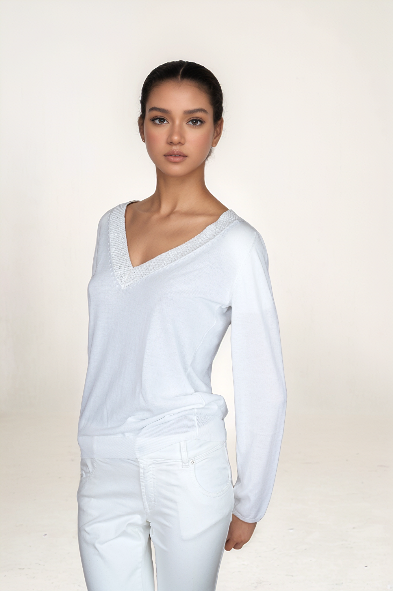 Brunello Cucinelli Damen Pullover Sweatshirt Dazzling aus Seide und Leinen V-Neck