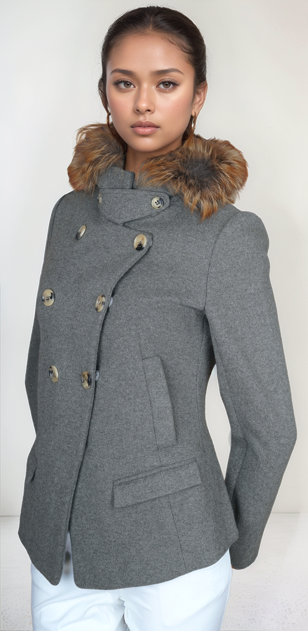 Brunello Cucinelli Caban Jacke Kurzmantel mit Kaschmir 42 (IT) (36/38 D) Echtfellkragen