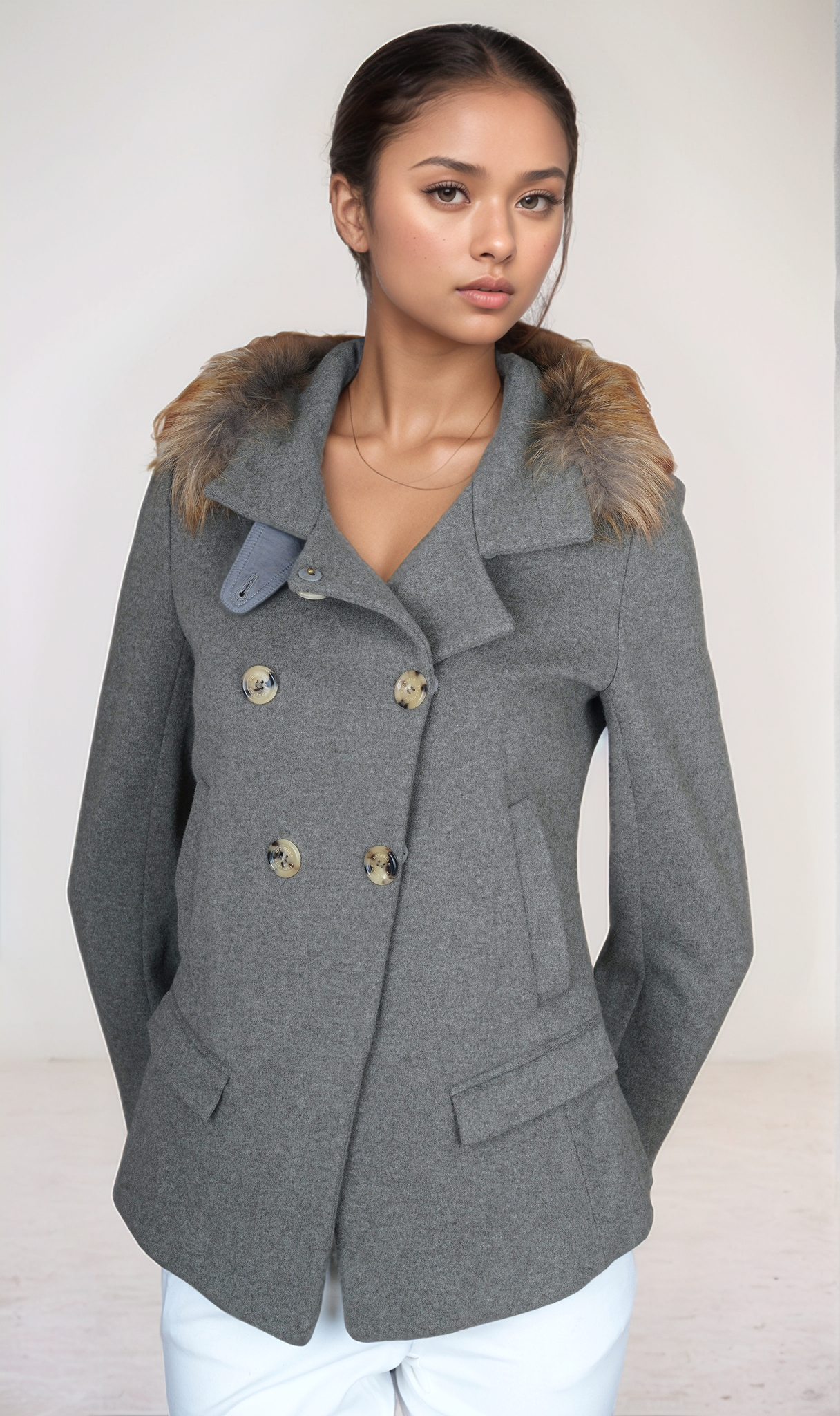 Brunello Cucinelli Caban Jacke Kurzmantel mit Kaschmir 42 (IT) (36/38 D) Echtfellkragen