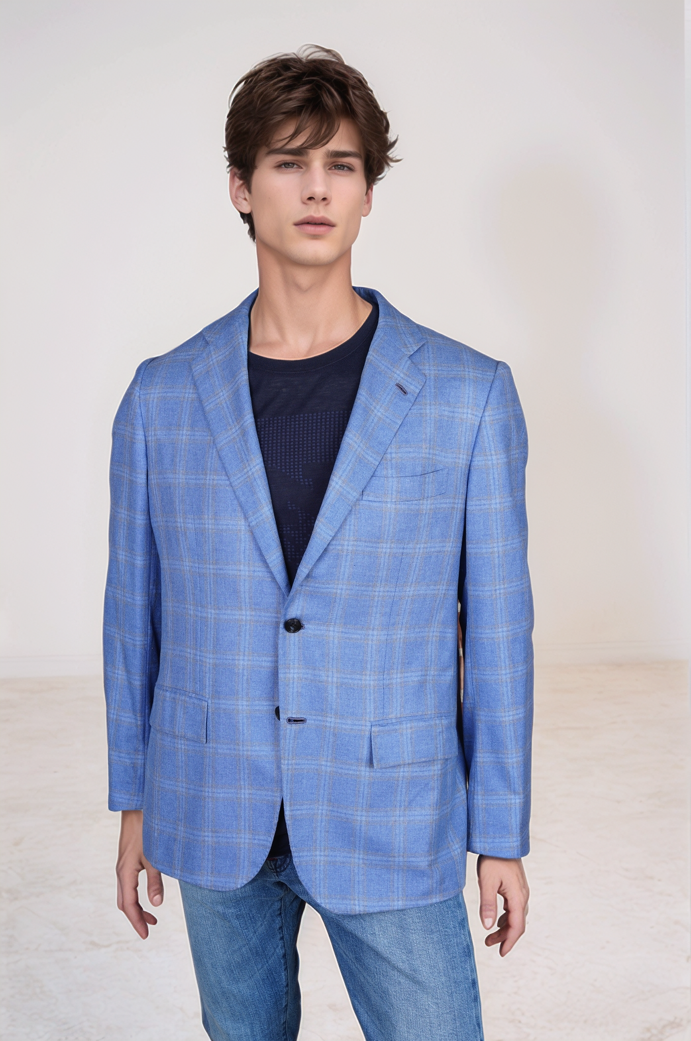 Kiton Jacke Blazer Seide und Kaschmir blau kariert