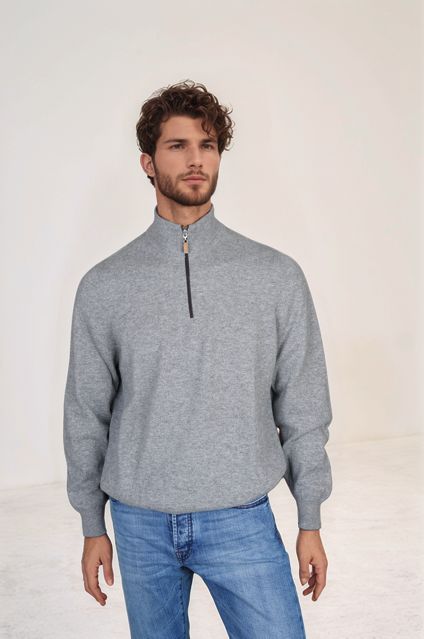 Brunello Cucinelli Kaschmir Pullover mit Stehkragen und Reißverschluss grau 56