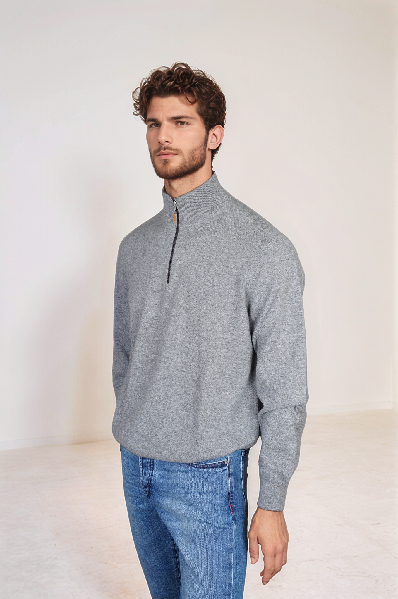 Brunello Cucinelli Kaschmir Pullover mit Stehkragen und Reißverschluss grau 56