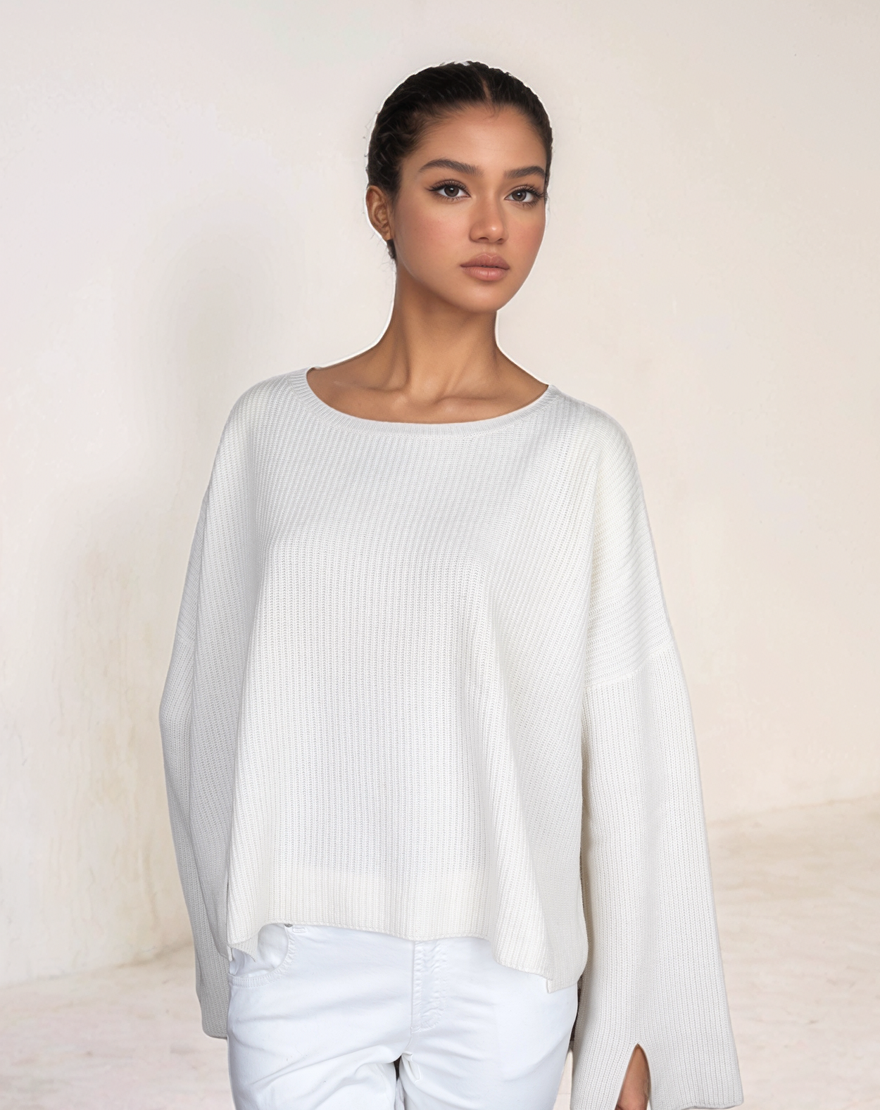 Loro Piana Pullover Damen Kaschmir Oversize Ripstrick beige Rundhals