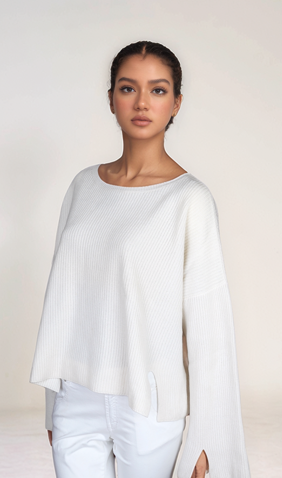 Loro Piana Pullover Damen Kaschmir Oversize Ripstrick beige Rundhals