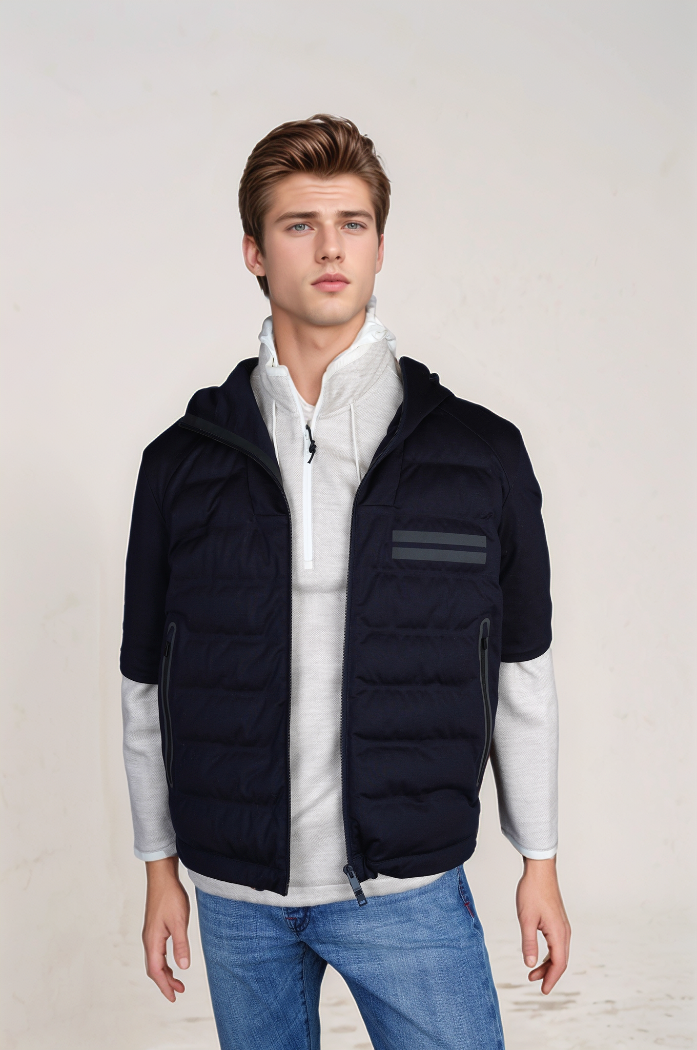 Zegna Weste Jacke kurzarm Wolle leicht gefüttert mit Kapuze
