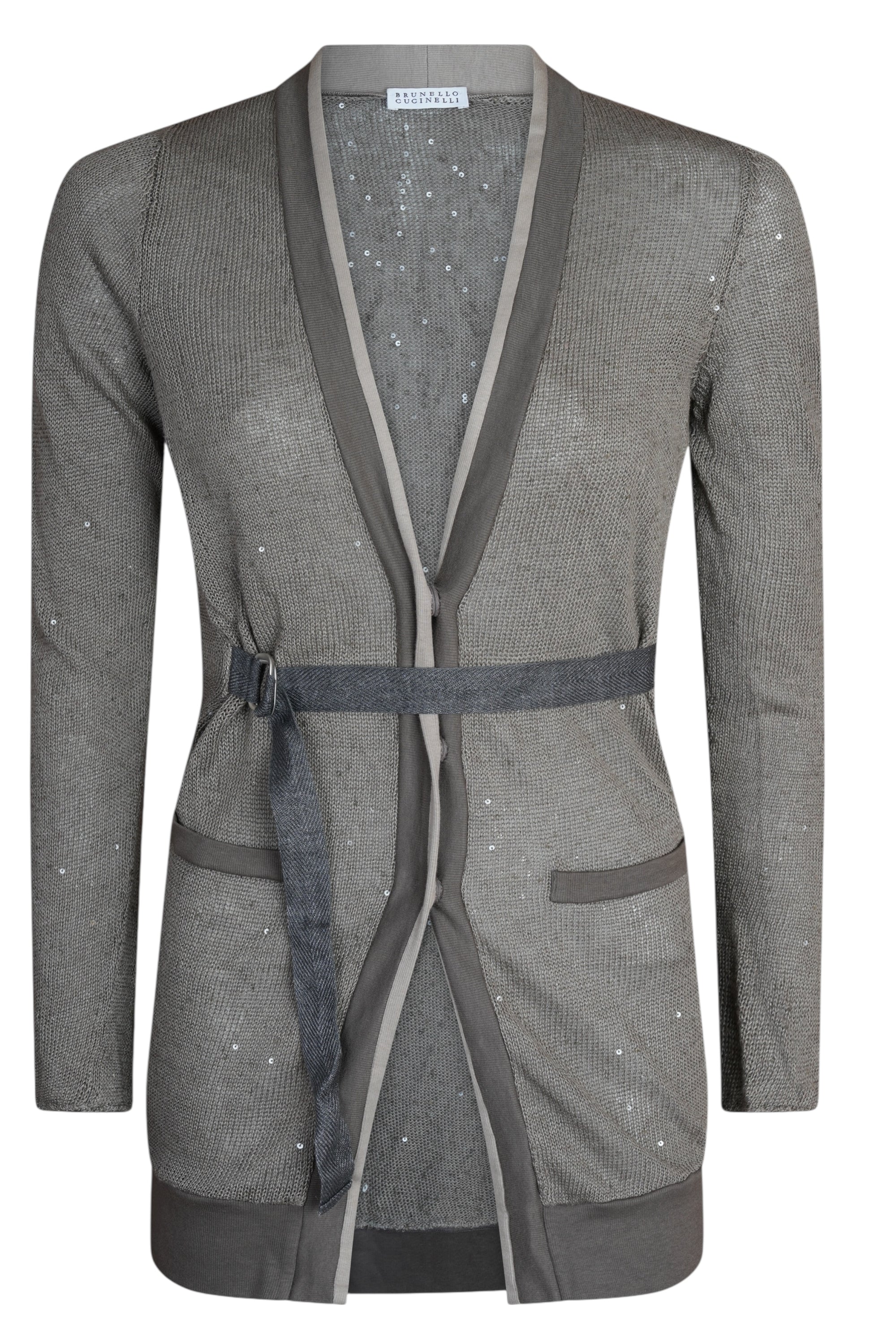 Brunello Cucinelli Pullover Cardigan aus Leinen und Seide mit Gürtel Dazzling Pailletten