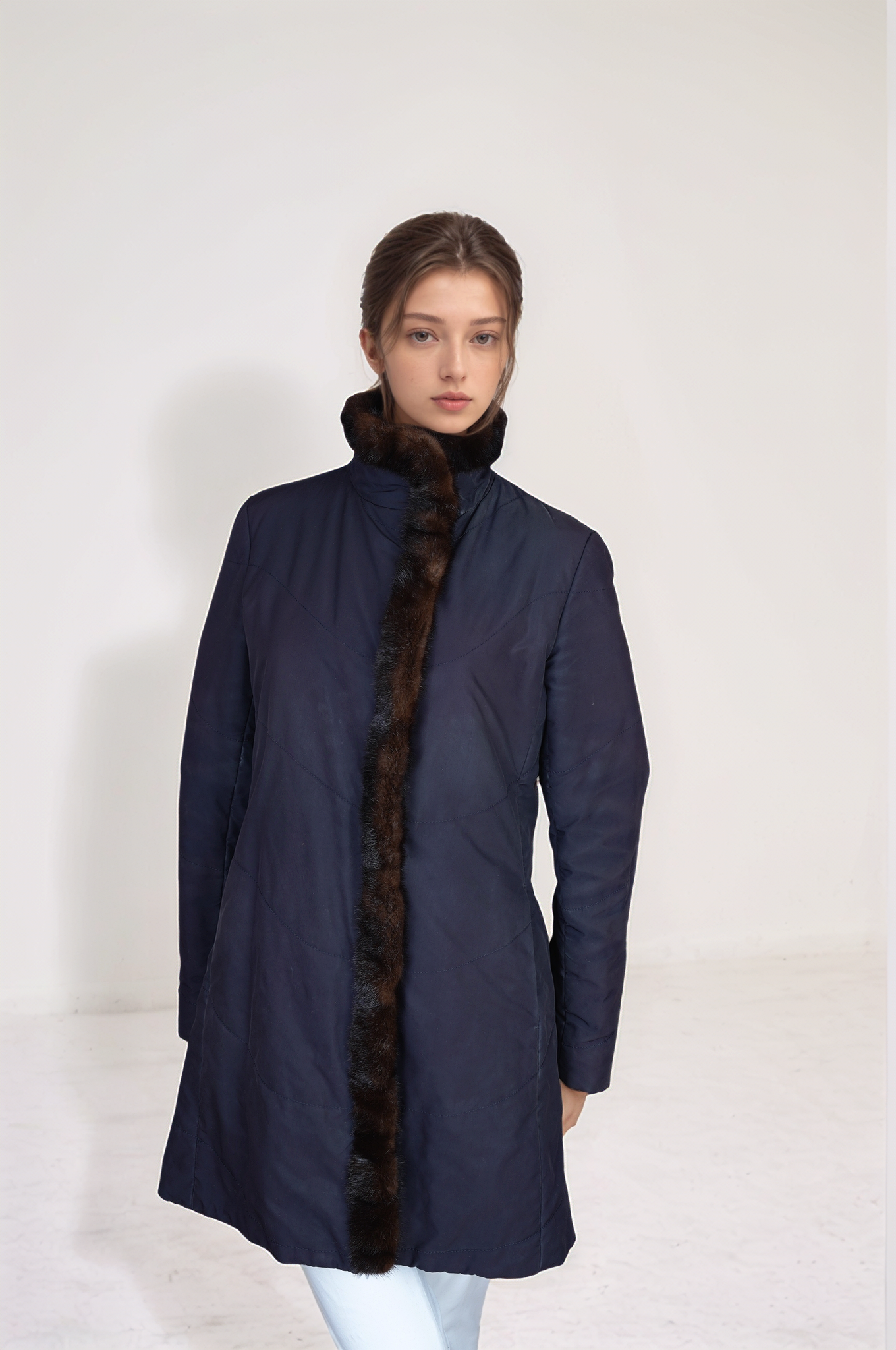 Loro Piana Mantel Jacke Damen mit Pelz blau 44 gefüttert XL