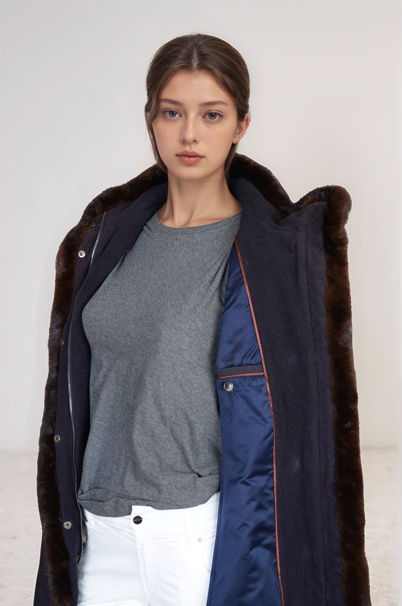 Loro Piana Mantel Jacke Damen mit Pelz blau 44 gefüttert XL